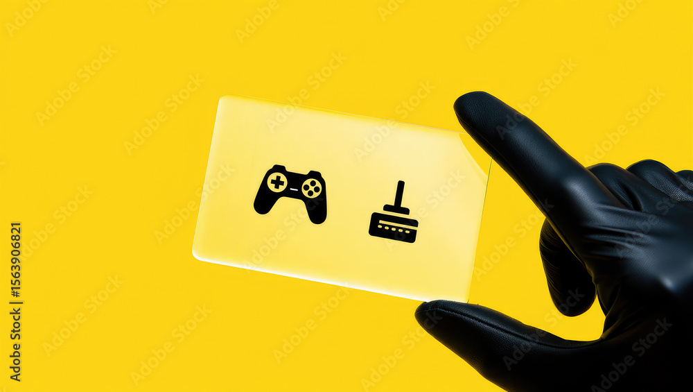 Poster gaming technology interface concept displaying a gamepad and joystick icon on a transparent card hel