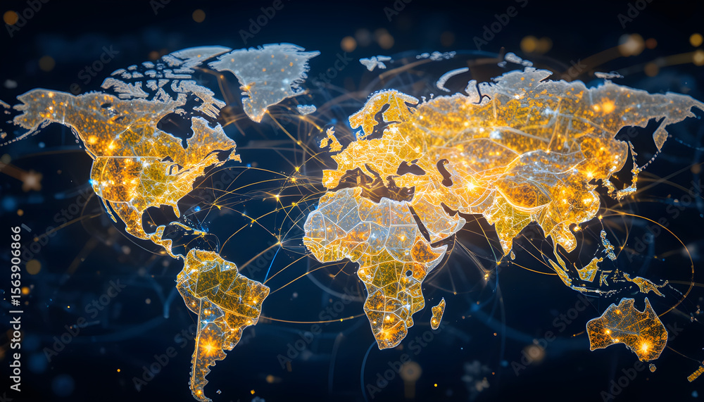 Poster global connectivity event illuminated world map digital network visualization