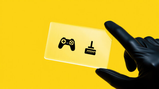 Gaming Technology Interface Concept Displaying a Gamepad and Joystick Icon on a Transparent Card Held by a Gloved Hand Against a Vibrant Yellow Backdrop