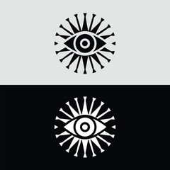 A minimalist black and white logo features an eye surrounded by radiating lines, creating a modern and abstract symbol of vision and spirituality