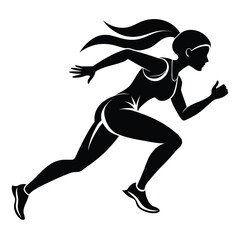 Silhouette of a female sprinter in a dynamic running pose isolated on white background