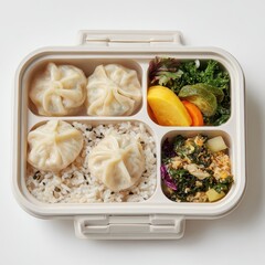 A white container with food in it