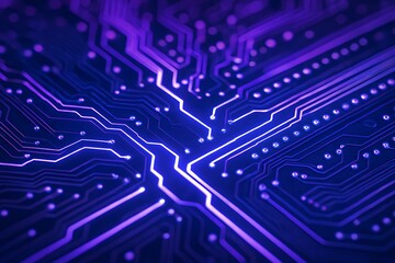 Abstract glowing purple circuit board lines and nodes on dark blue background