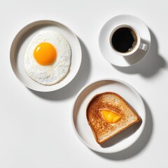 A white plate with a piece of toast and a fried egg on it