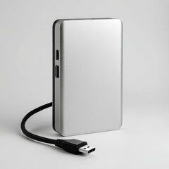 A white power bank with a black cord