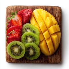 A wooden cutting board with sliced fruit and a strawberry