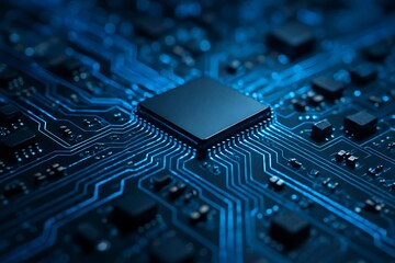 Close up of a glowing blue circuit board with a central processor and intricate pathways