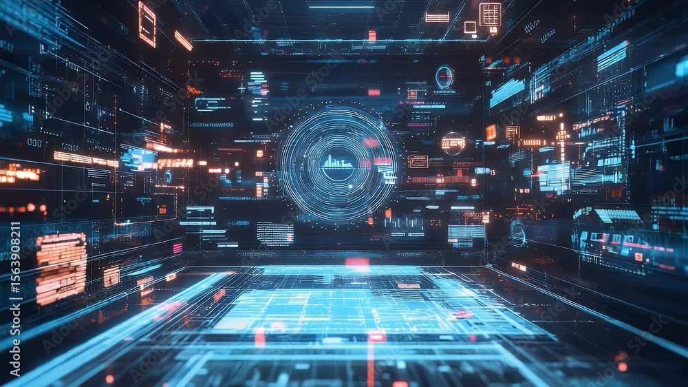 Poster futuristic digital tunnel with bright blue and orange lights showcasing data flow and technology vis