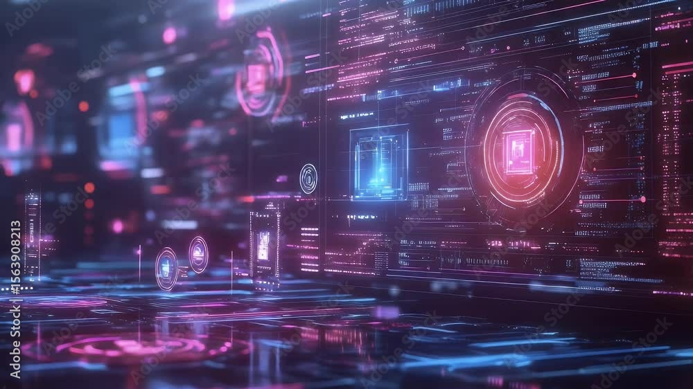 Poster futuristic digital interface with abstract data streams and glowing elements. neon blue and pink lig