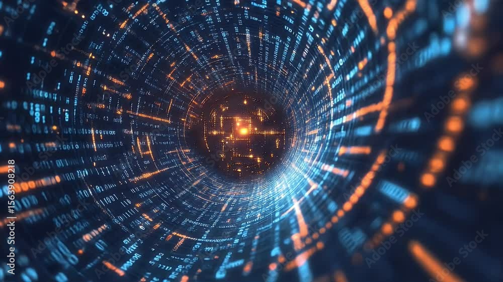 Poster abstract tunnel of data flowing in a futuristic digital environment with blue and orange lights crea