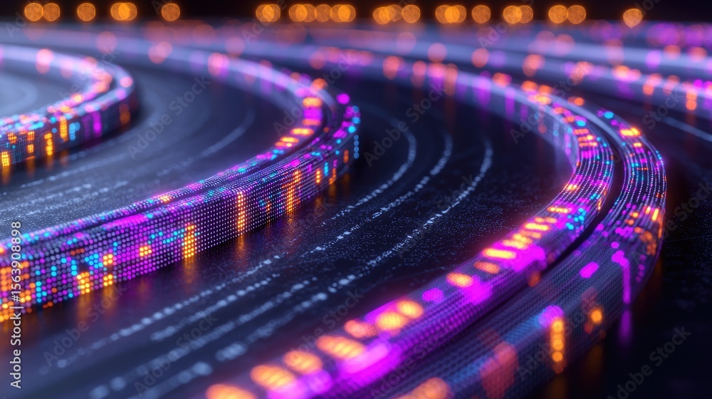 Poster dynamic light trails displaying digital waves indoor venue abstract art high-tech environment close-