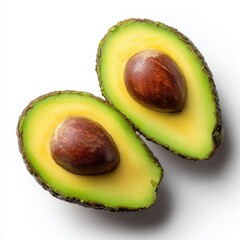Two halves of avocas on a white background