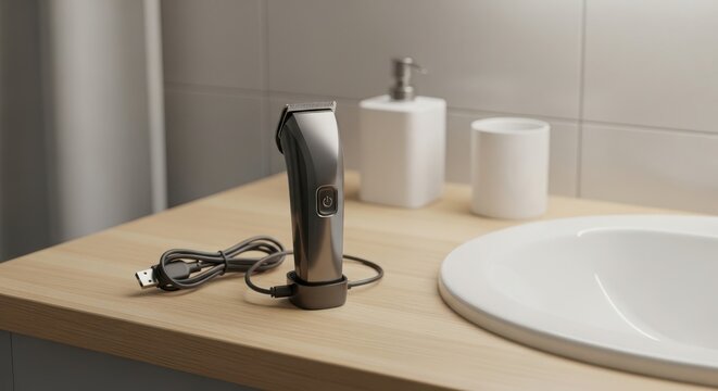 Electric hair clipper with charging cable on bathroom counter