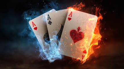 Three Aces on Fire &ndash; Dramatic Poker Card Concept. Generative AI