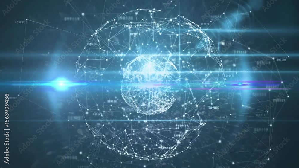 Poster faint node grid initiating animated 3d sphere expanding nodes, scanning beam highlighting data flow