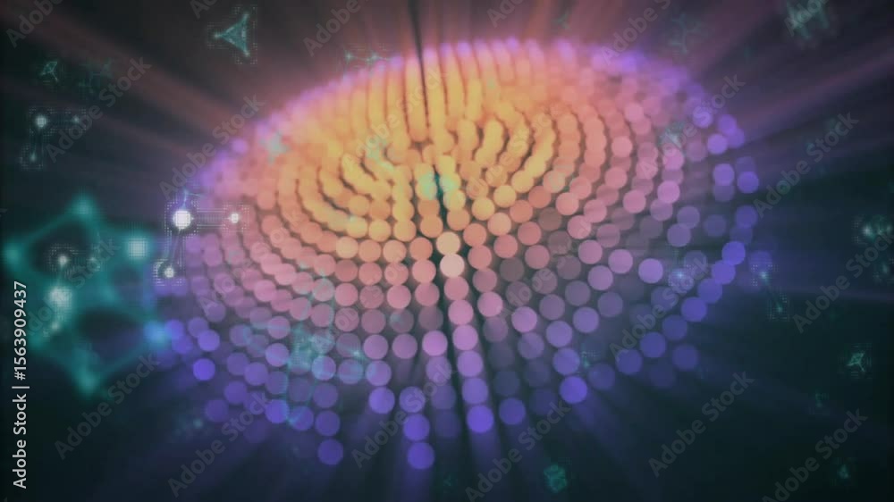 Poster floating magenta dots forming ring, drifting triangles pulsing shifting hues for visualizing motion