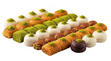 A Colorful Array of Assorted Traditional Sweets Topped with Pistachio, Ideal for Celebrations and Gourmet Desserts, isolated on a transparent background