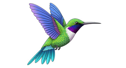 Obraz premium A colorful hummingbird with blue and purple wings flying on a black plain background illustration