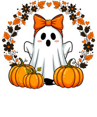 Cute Halloween Ghost with Bow and Pumpkins – Fall Floral Wreath, Autumn Decor Illustration