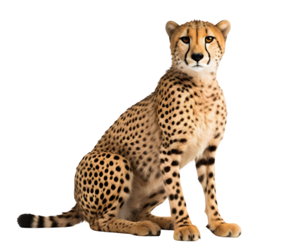 An elegant cheetah sits calmly against a dark backdrop, its spotted coat showcasing nature's unique pattern, perfect for wildlife or conservation themes, transparent background