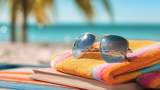 Relaxing beach getaway with sunglasses book and colorful towel - Powered by Adobe