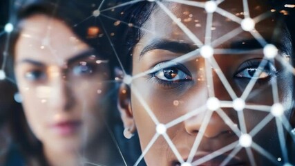 Professional women analyzing digital network connections with glowing technological interface overlay representing modern business communication and social media connectivity. - Powered by Adobe