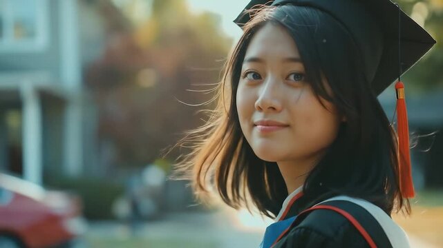Confident Asian graduate woman student wearing cap and gown smiling proudly outdoors after successful academic achievement and educational milestone completion