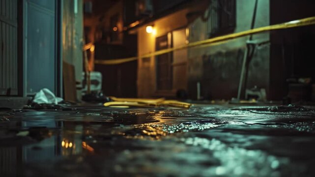 Dimly lit alley with shattered glass strewn across wet pavement. Yellow police tape cordons off crime scene. Reflective puddles create eerie atmosphere. Shadowy buildings loom in background in street
