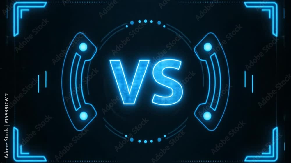 Aufkleber animated versus screen with neon blue futuristic design and dynamic visual effects.
