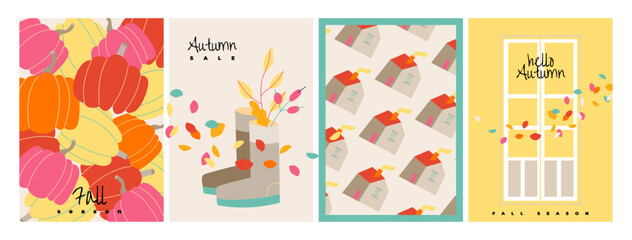 Fototapeta premium Set of minimalistic autumn poster or cover with bright beautiful leaves, pumpkuns, window, house. Fall background, Sale banner, or flyer design. Template for advertising, web, social media