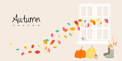Minimalistic autumn poster or cover with bright beautiful leaves, pumpkuns, window, shoes. Fall background, banner, or flyer design. Template for advertising, web, social media