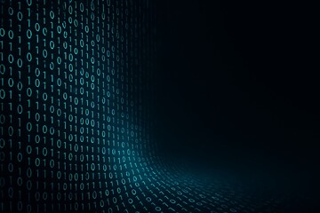Flowing digital stream of turquoise binary code on a dark futuristic background