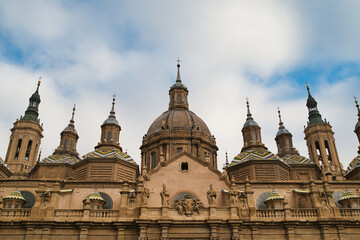 The domes and facades of the Cathedral Basilica of Our Lady of the Pillar in Zaragoza, Spain