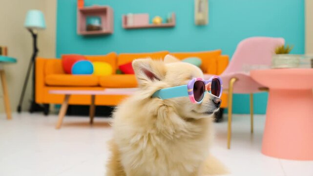 Cute fluffy dog wearing colorful sunglasses in a pastel retro living room