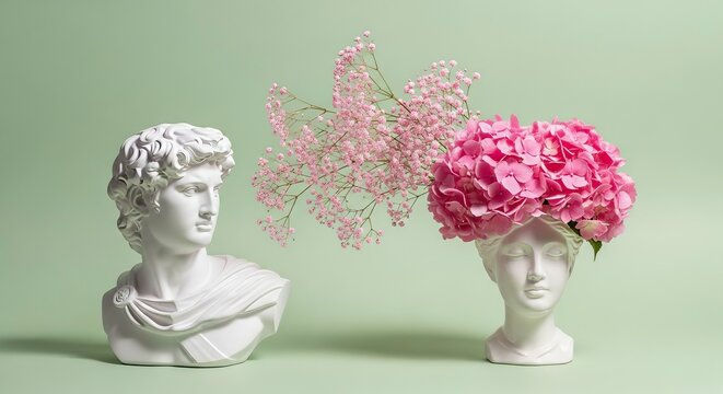 Creative art concept plaster head ancient sculpture with hair fresh flowers gypsophila and hydrangea on green background. And Copy space