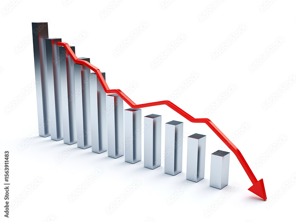 Poster a dramatic depiction of decline and loss featuring a bar graph with a descending red arrow against a