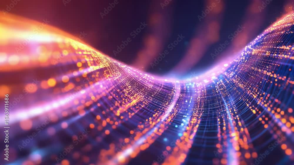 Aufkleber abstract digital wave with glowing orange and purple particles on a dark blue background. dynamic li