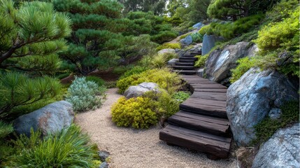 Obraz premium Serene japanese garden path with wooden steps and lush greenery