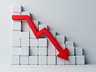 A Dramatic Economic Downturn Visualized A Red Arrow Plunges Down a Staircase of White Cubes Symbolizing Market Decline Recession and Financial Crisis with a Stark White Background