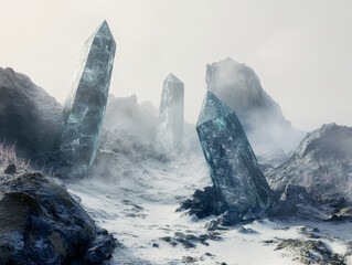 Early morning mist envelops a surreal landscape where glowing crystal monoliths pierce the icy tundra. This mysterious terrain sparks wonder and imagination in its frozen beauty