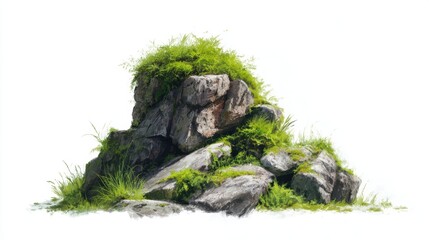Lush green grass and moss covering weathered grey rocks on a white background