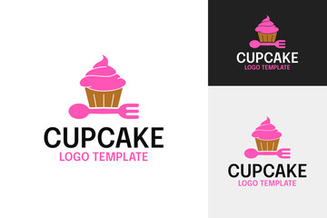 Cute cupcake bakery logo design with fork and spoon icon vector