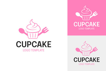 Cute cupcake bakery logo design with fork and spoon icon vector