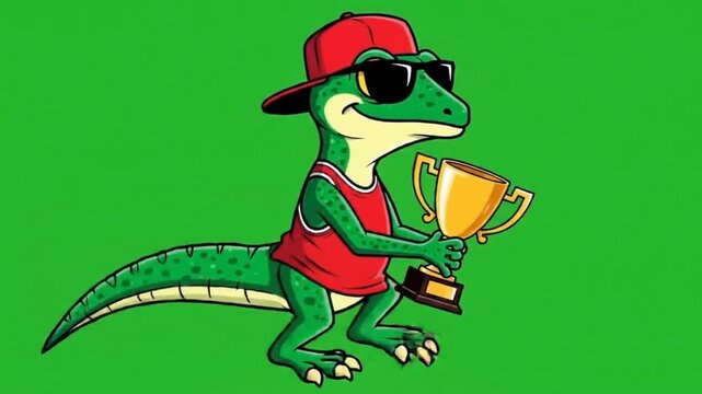 Cool Cartoon Gecko Wearing Sunglasses and Basketball Jersey Holding Trophy on Green Screen Background