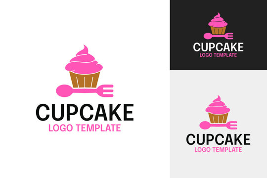 Cute cupcake bakery logo design with fork and spoon icon vector