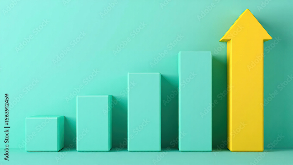 Poster ascending bar graph with yellow arrow symbolizing growth and progress on a turquoise background, rep