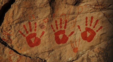 Fototapeta premium Ancient rock art featuring red handprints on stone surface 