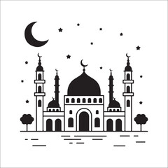 Islamic Mosque Silhouette with Crescent Moon and Stars Ramadan & Eid Mubarak Vector Collection
Elegant Crescent Moon and Mosque Skyline Islamic Festival and Holy Month Design