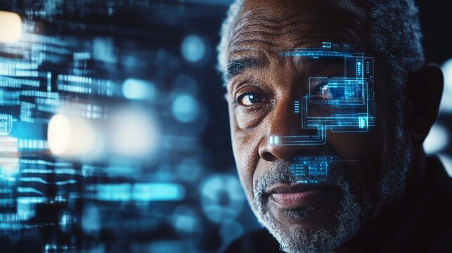 African American man with gray beard, looking thoughtfully at digital interface, surrounded by glowing data streams, representing technology and innovation in modern society