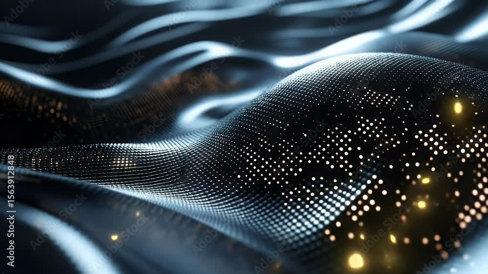 Poster abstract wave form with shimmering dots and particles with blue and yellow color scheme. digital rep